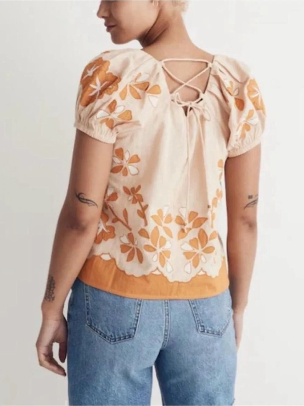 Madewell Orange Floral Embroidered Puff Sleeve Top Small Lace Up Back Rust Trim